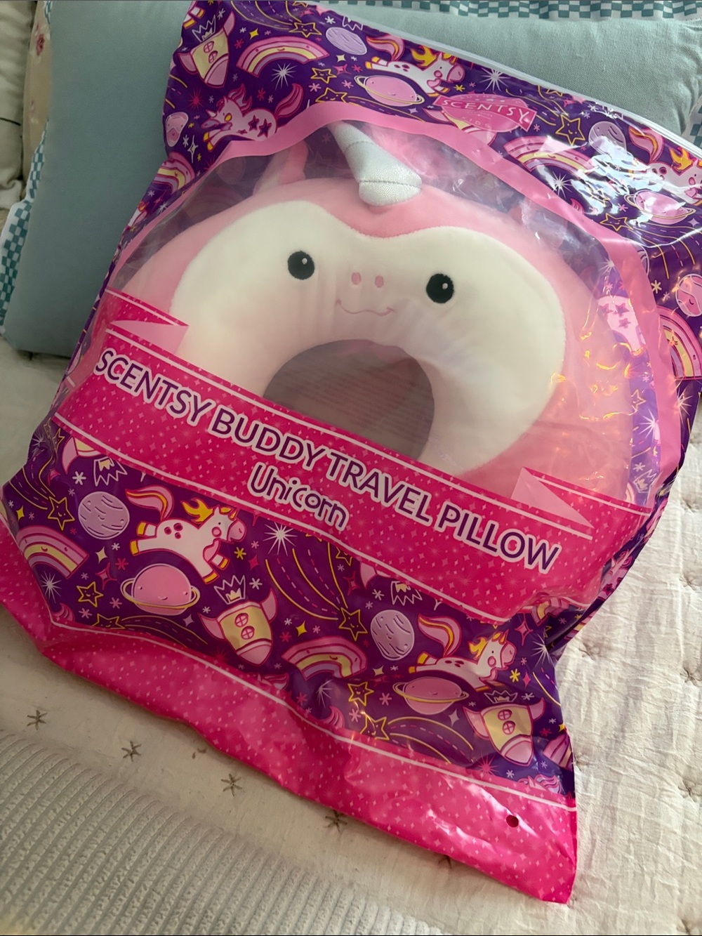 Scentsy Pink Unicorn Travel Neck Pillow with Silver Horn
